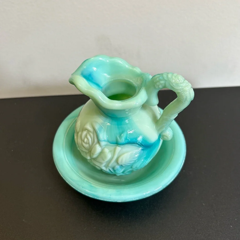 Vintage Avon Green Slag Glass Pitcher & Basin Vanity Set